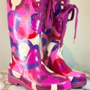 COACH Retro Logo Periwinkle Lace Up Rain Boots SIZE 6